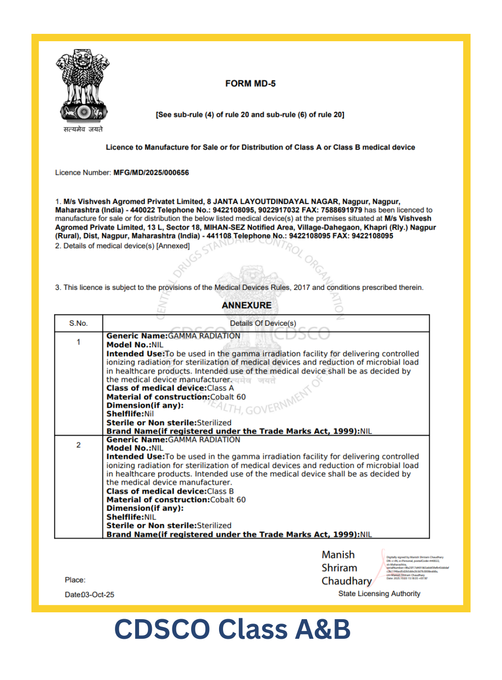 VAPL CDSCO Class A and B Licence