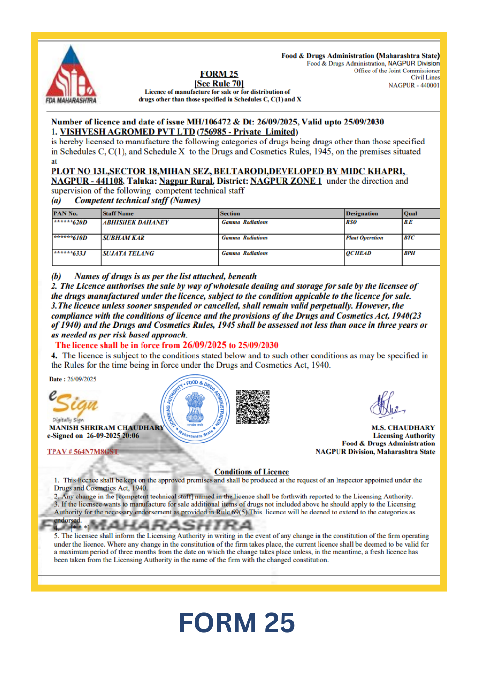 VAPL Form 25 Licence