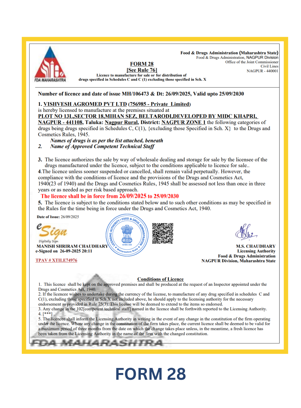 VAPL Form 28 Licence