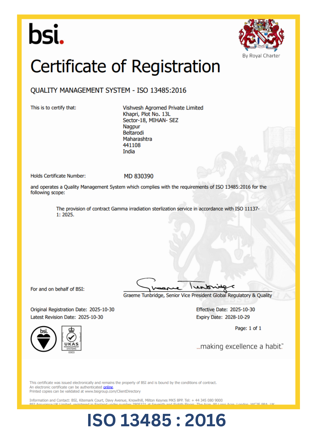 VAPL ISO 13485:2016 Certificate
