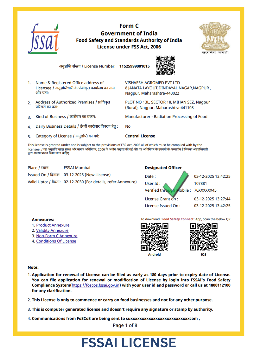 VAPL FSSAI Central Licence