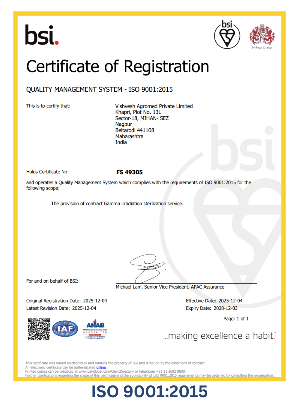 VAPL ISO 9001:2015 Certificate