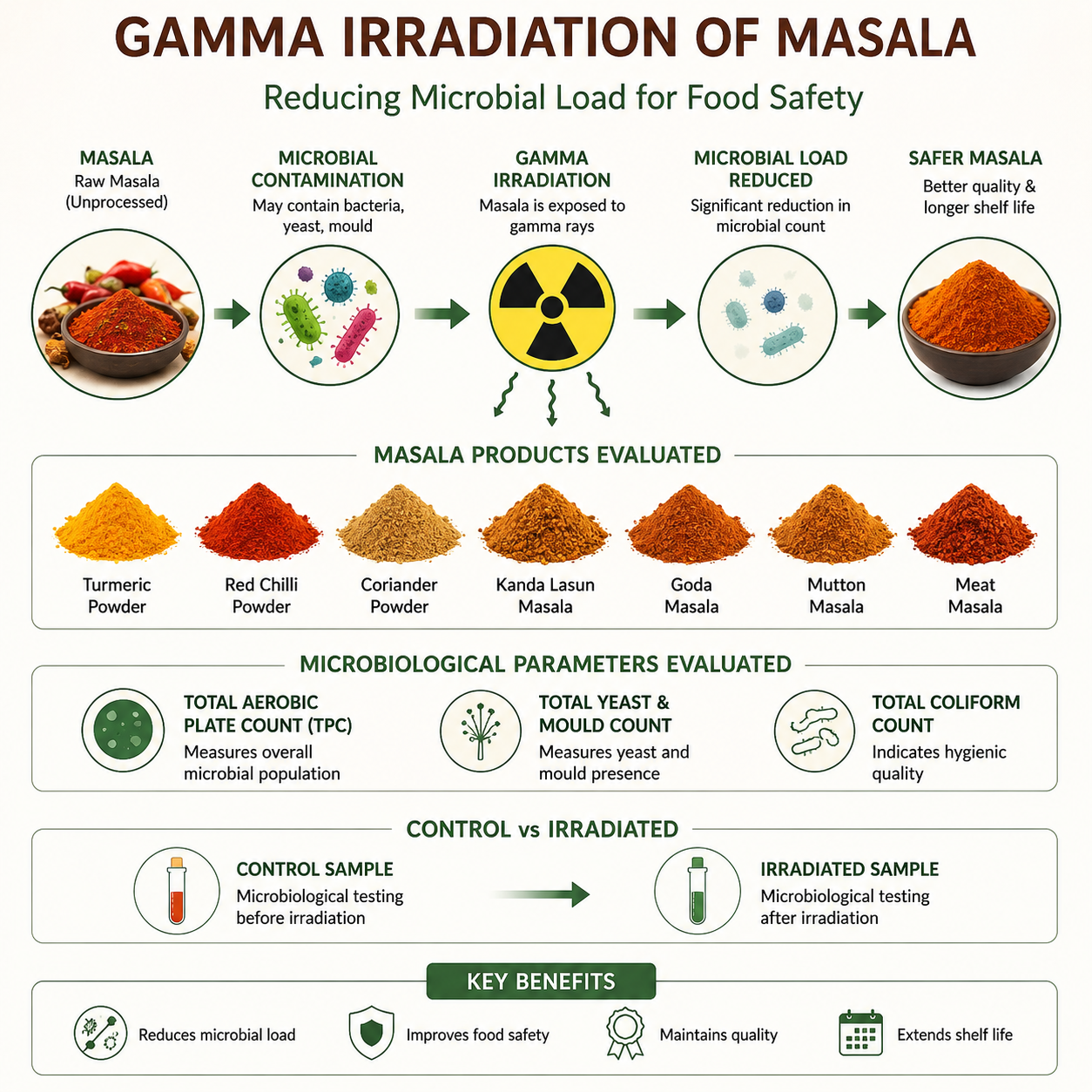 Gamma irradiation of masala for reducing microbial load, showing spice products, microbial contamination, gamma irradiation, microbiological testing and control versus irradiated samples.